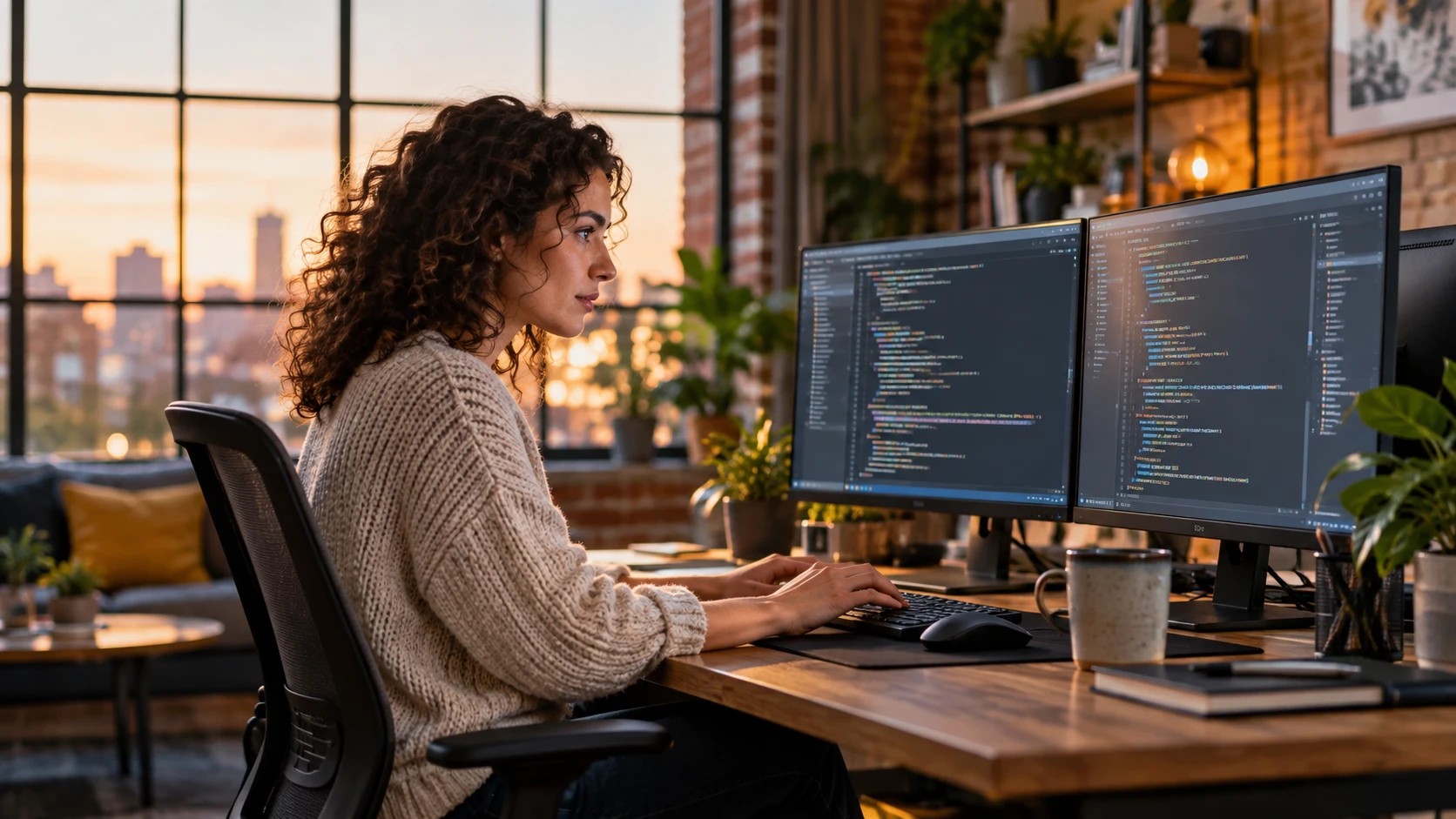 Programistka pracująca nad integracjami na dwóch monitorach